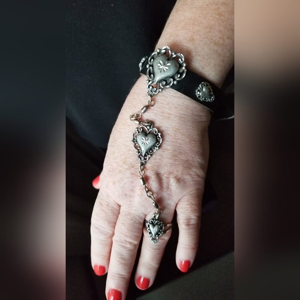 Leather Silver Heart Slave Bracelet PLUS earrings!